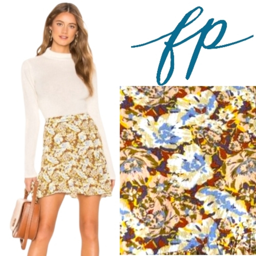 FREE PEOPLE Nadia Yellow Floral Print Ruffled Wrap Mini Skirt Side Zipper Size 4